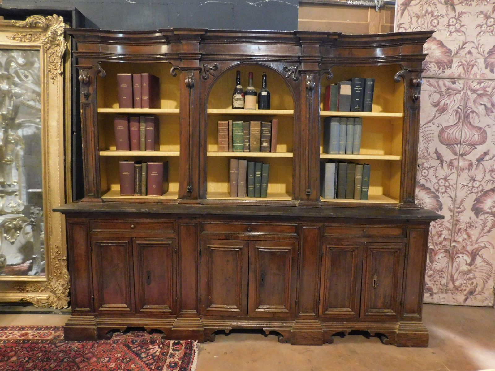Walnut Bookcase With Carved Columns, Doors And Open Shelves, Italy photo 5309.0