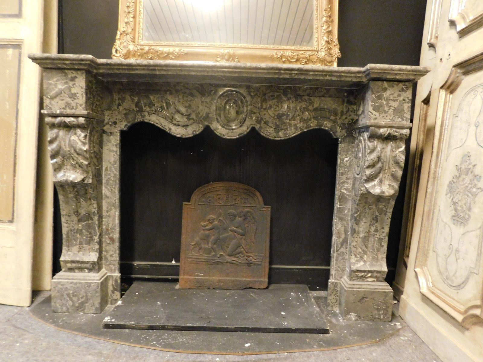 Mantle Fireplace In Grey Veined Marble, Carved And Wavy, Italy photo for sale