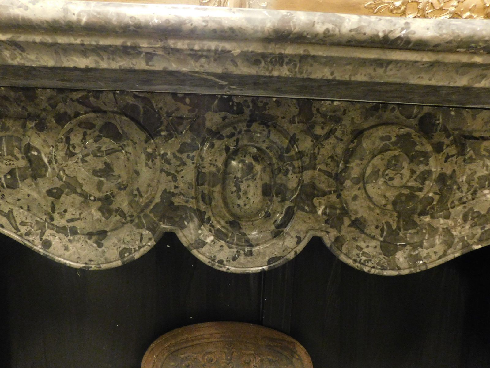 photo for sale Mantle Fireplace In Grey Veined Marble, Carved And Wavy, Italy