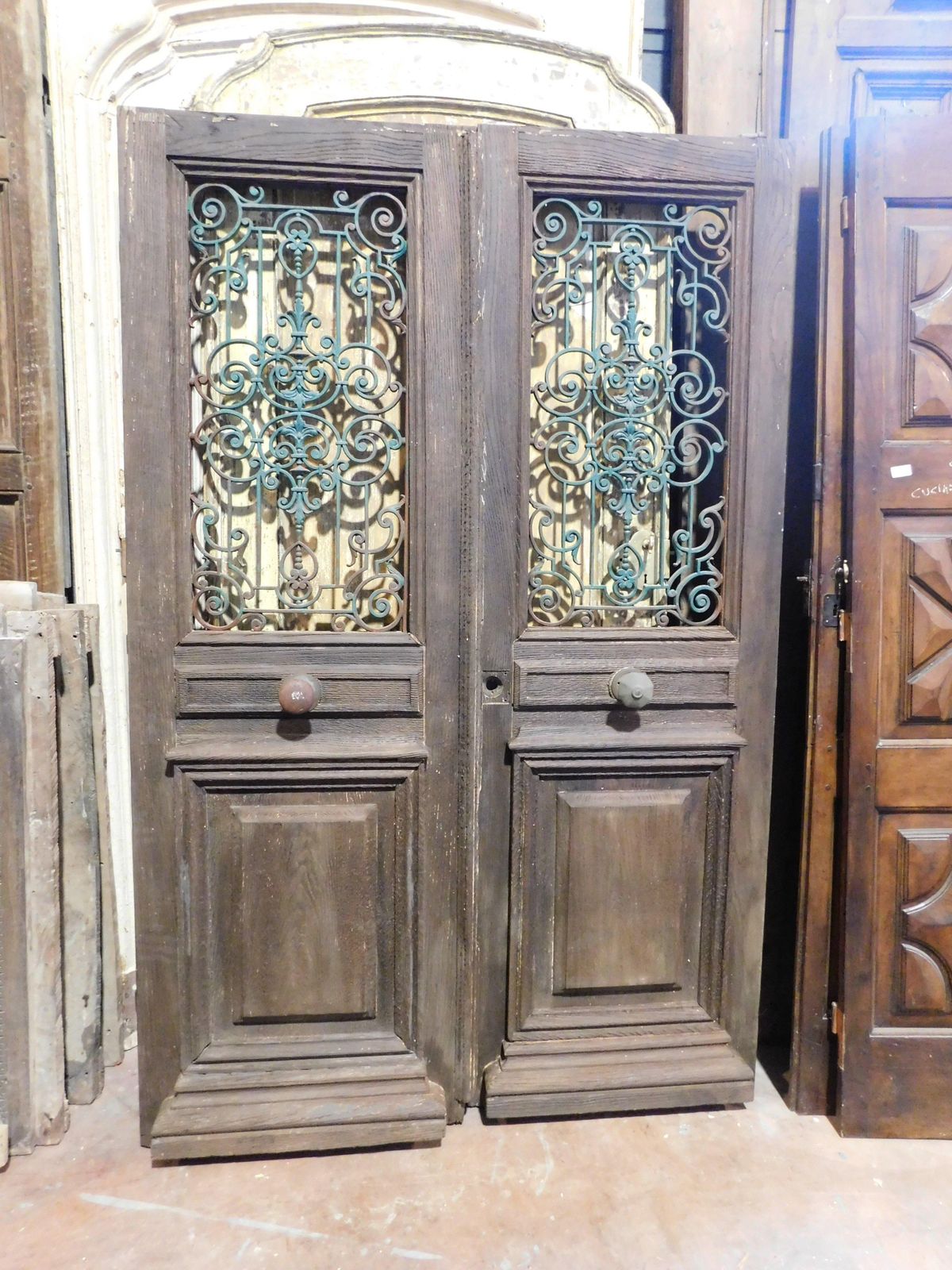 Entrance Door, Main Door In Oak Wood, Two Doors, With Green Iron Grille, Italy photo 4159.0
