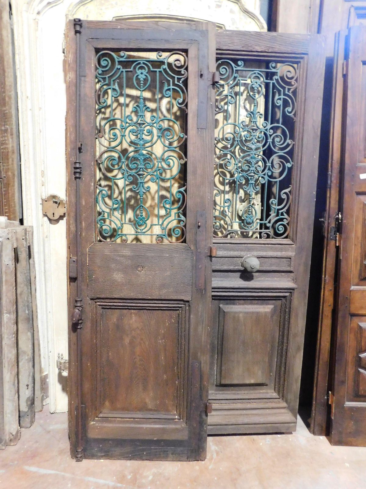 4159.0 Entrance Door, Main Door In Oak Wood, Two Doors, With Green Iron Grille, Italy photo