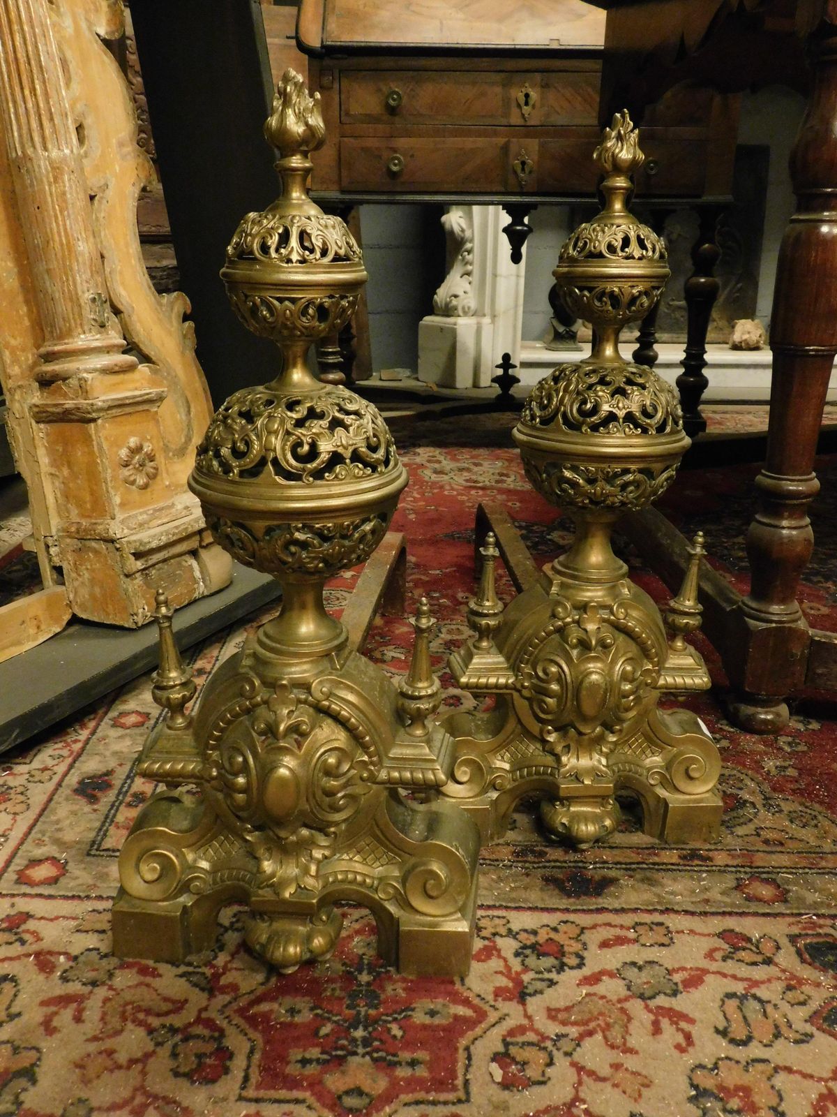 Pair Of Carved Andirons In Gilded And Chiseled Brass, France photo for sale