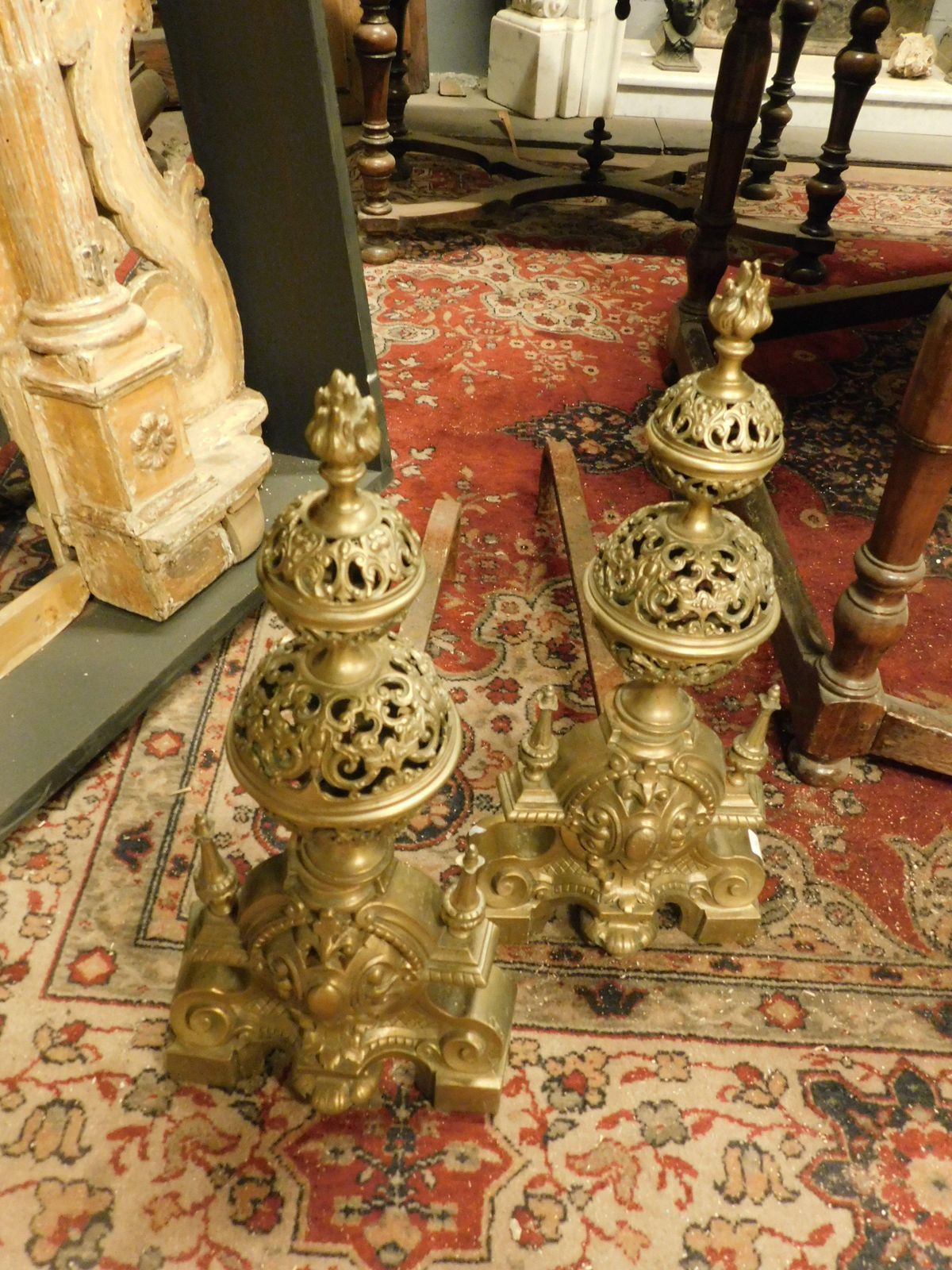 Pair Of Carved Andirons In Gilded And Chiseled Brass, France photo vinterior