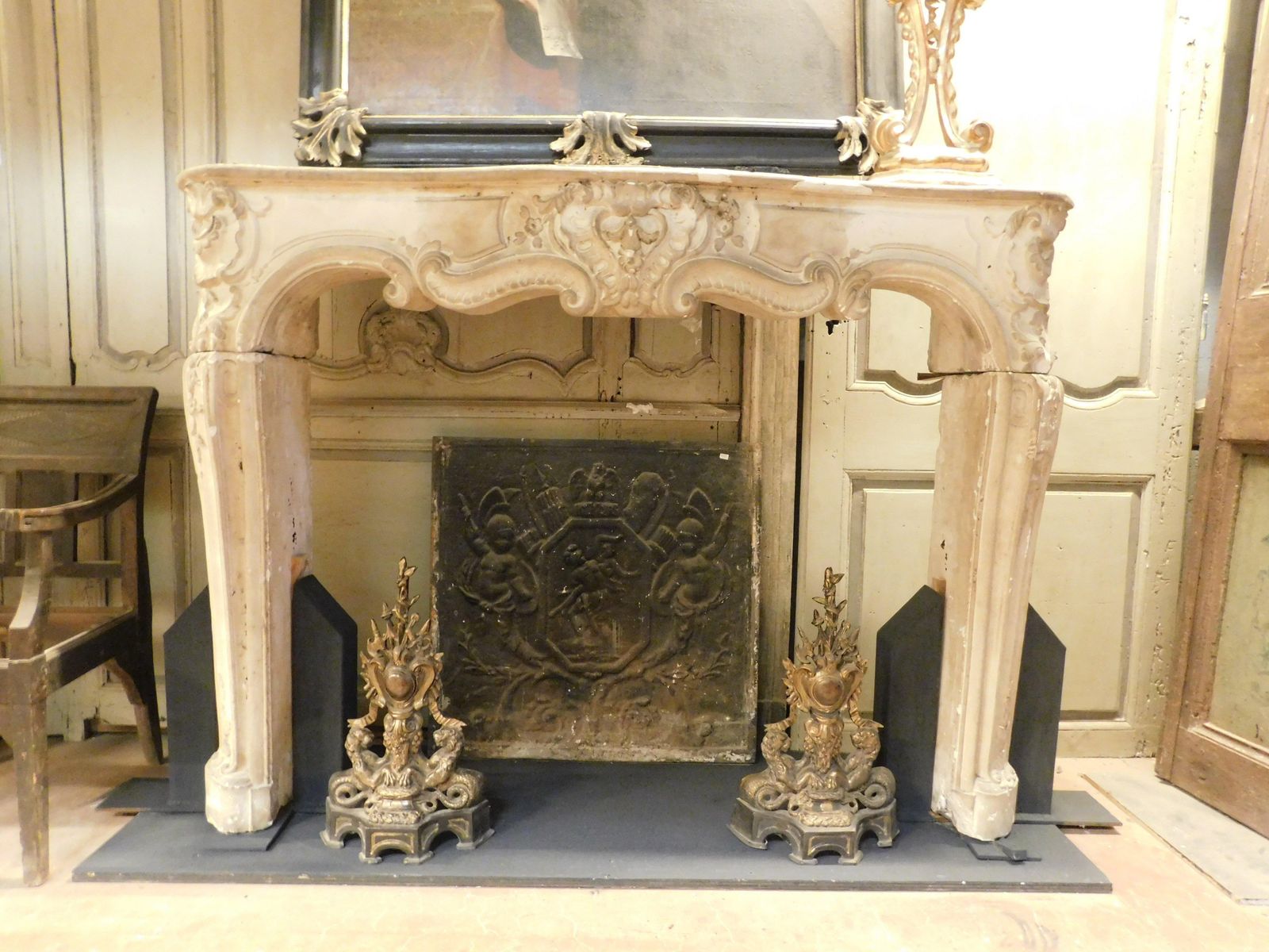 Fireplace Mantle In Richly Carved Burgundy Stone And Wavy Shape, Italy photo for sale
