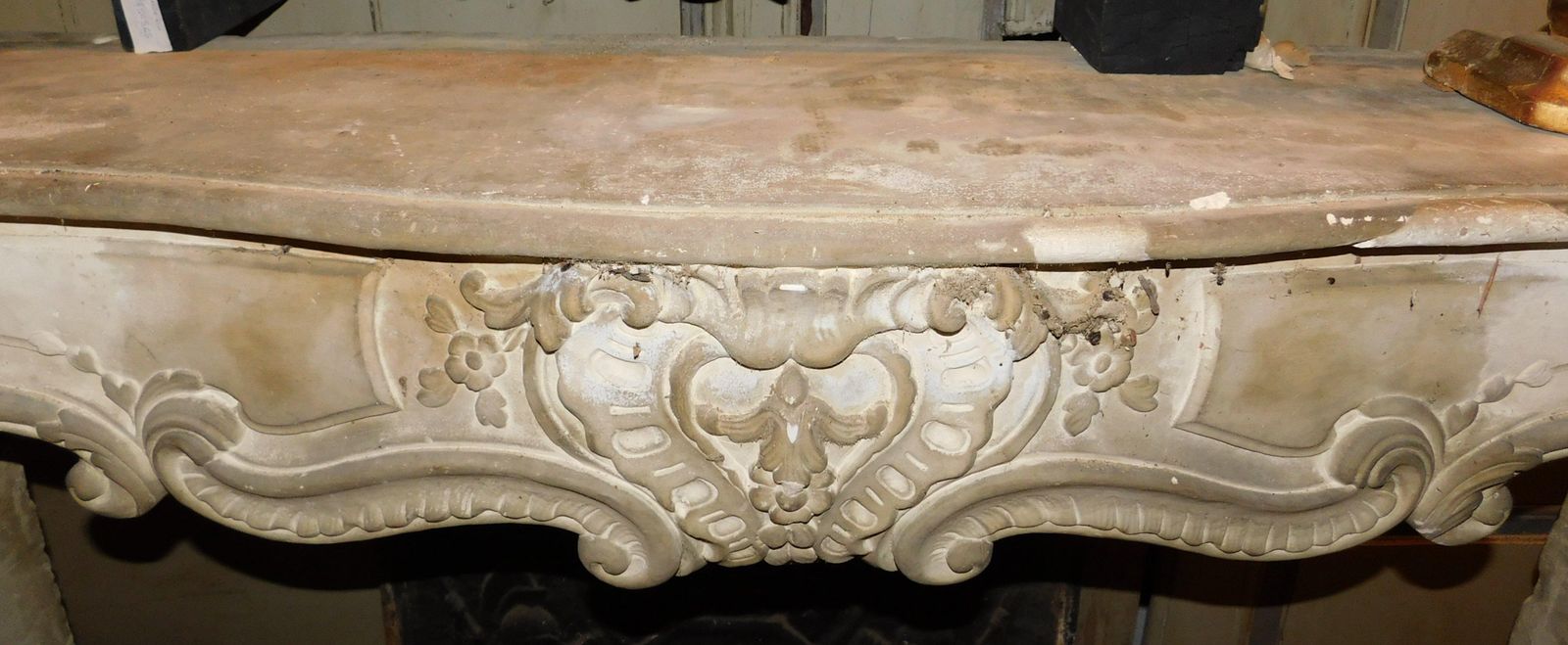 Fireplace Mantle In Richly Carved Burgundy Stone And Wavy Shape, Italy photo vintage