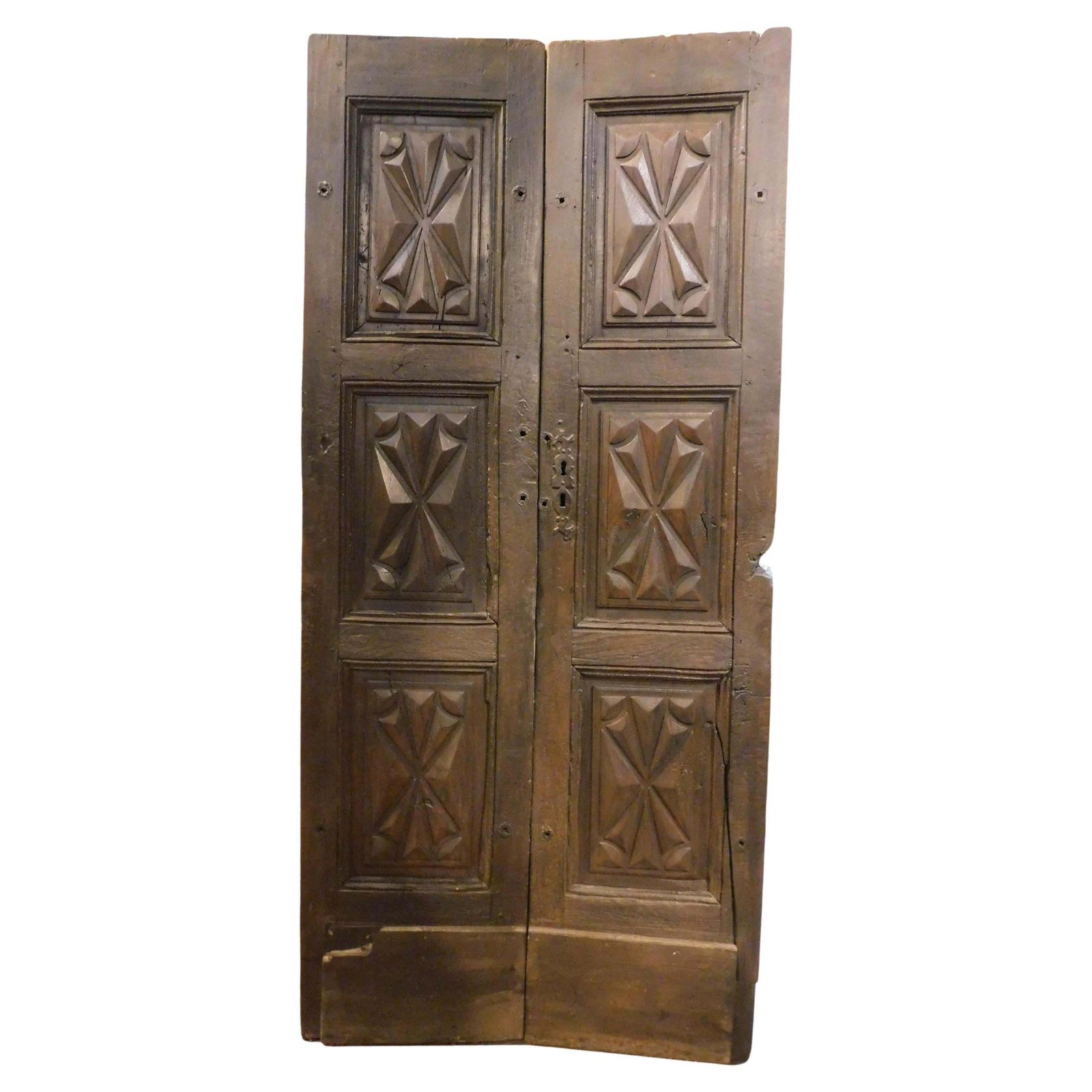 Walnut Door, Two Leaves With Diamond Point Carved Panels, From Milan Italy