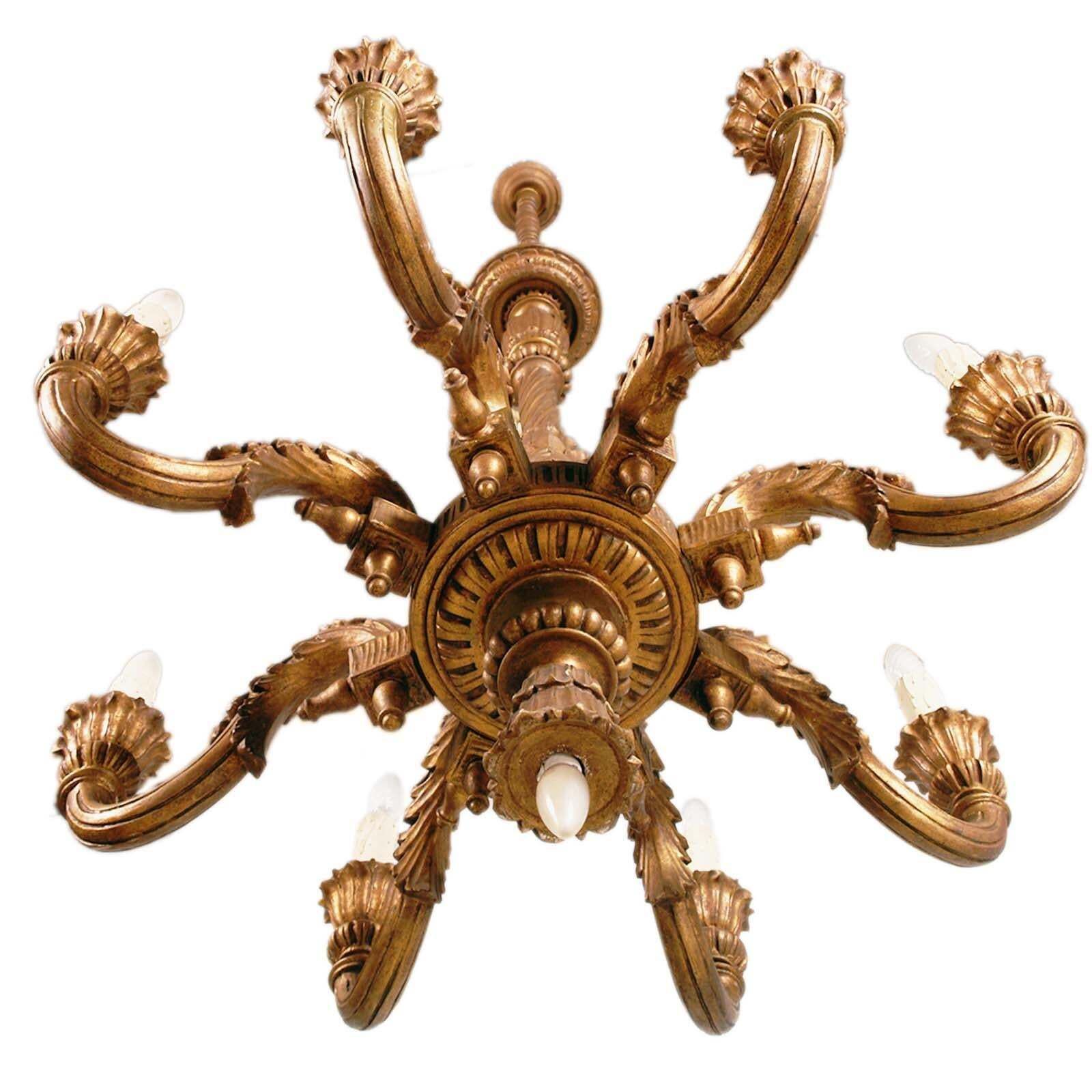 Large Florentine Baroque Chandelier In Hand Carved Walnut Gold Leaf, 9 Lights photo vinterior