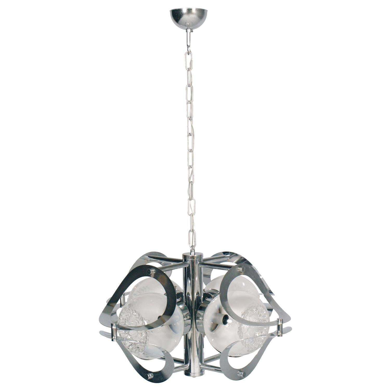 Space Age Mazzega Chandelier In Chromed Steel And Murano Glass, 4 Light