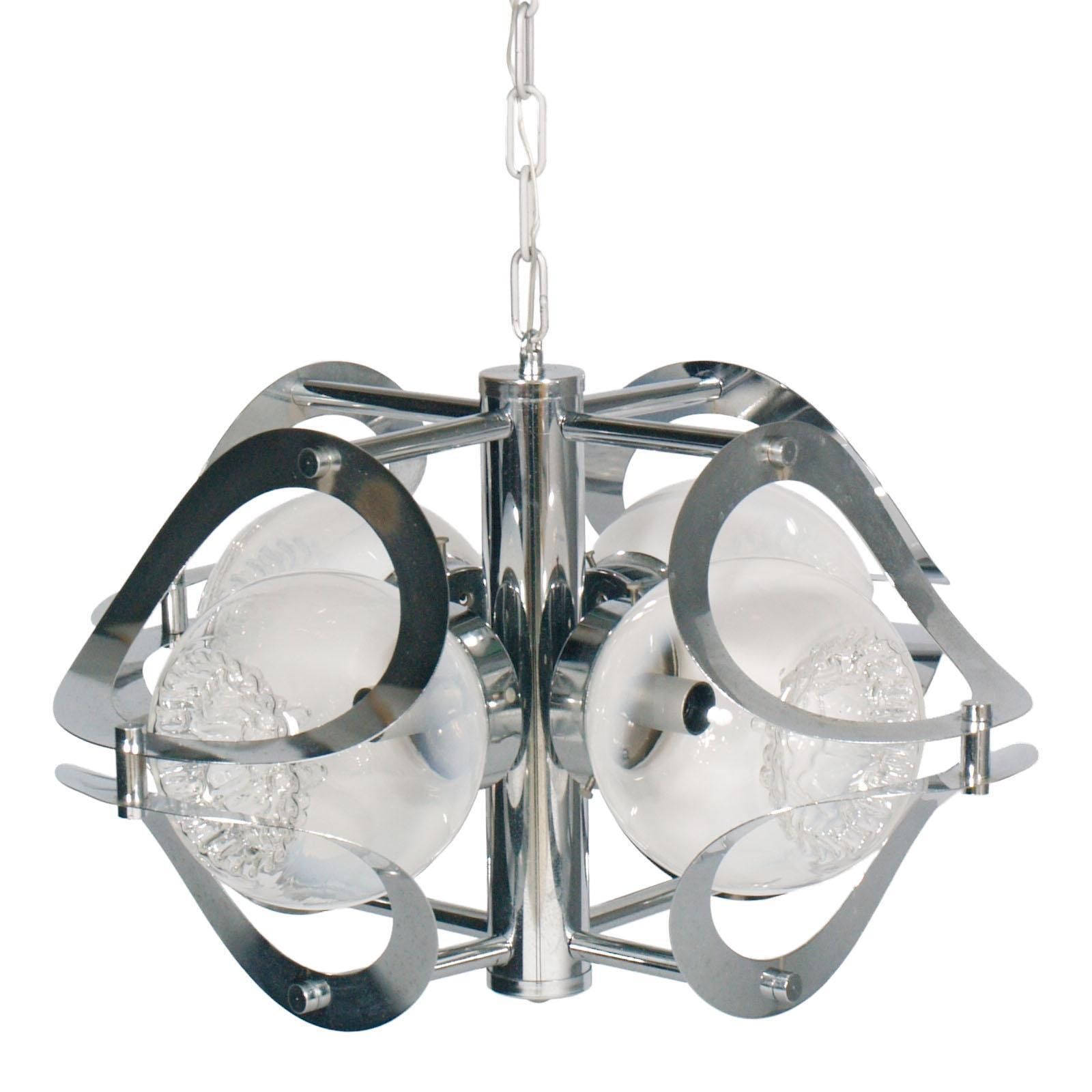 Space Age Mazzega Chandelier In Chromed Steel And Murano Glass, 4 Light photo furniture