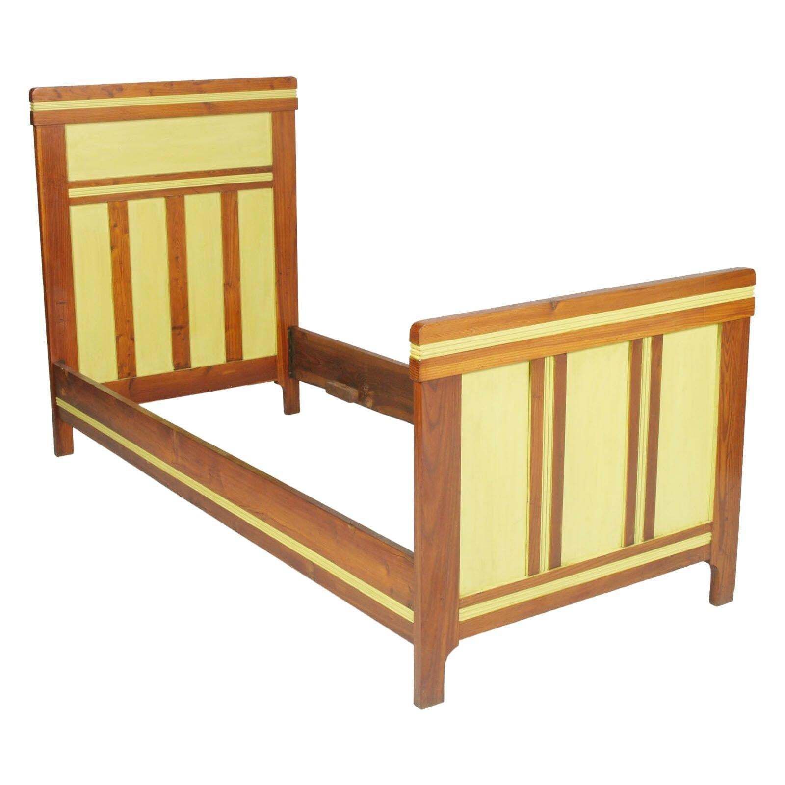 1920s Art Nouveau Country Single Carved And Painted Cherry Bed, Wax Polished