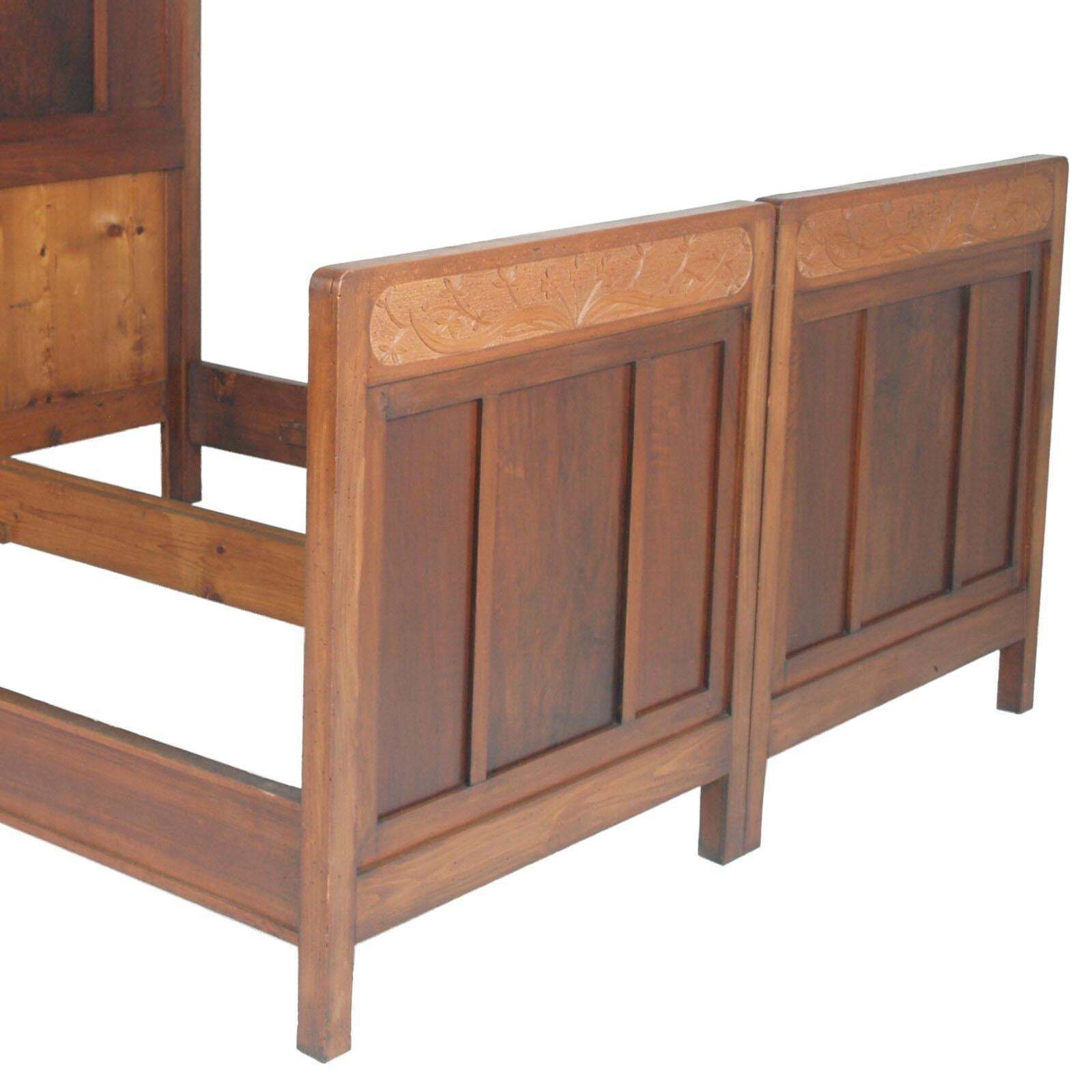 Antique Double Twin Bed, Art Nouveau, In Hand Carved Cherry Wood, Wax Polished photo for sale