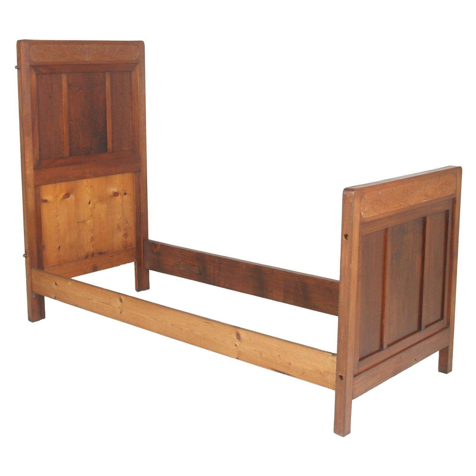 Antique Double Twin Bed, Art Nouveau, In Hand Carved Cherry Wood, Wax Polished photo Furniture