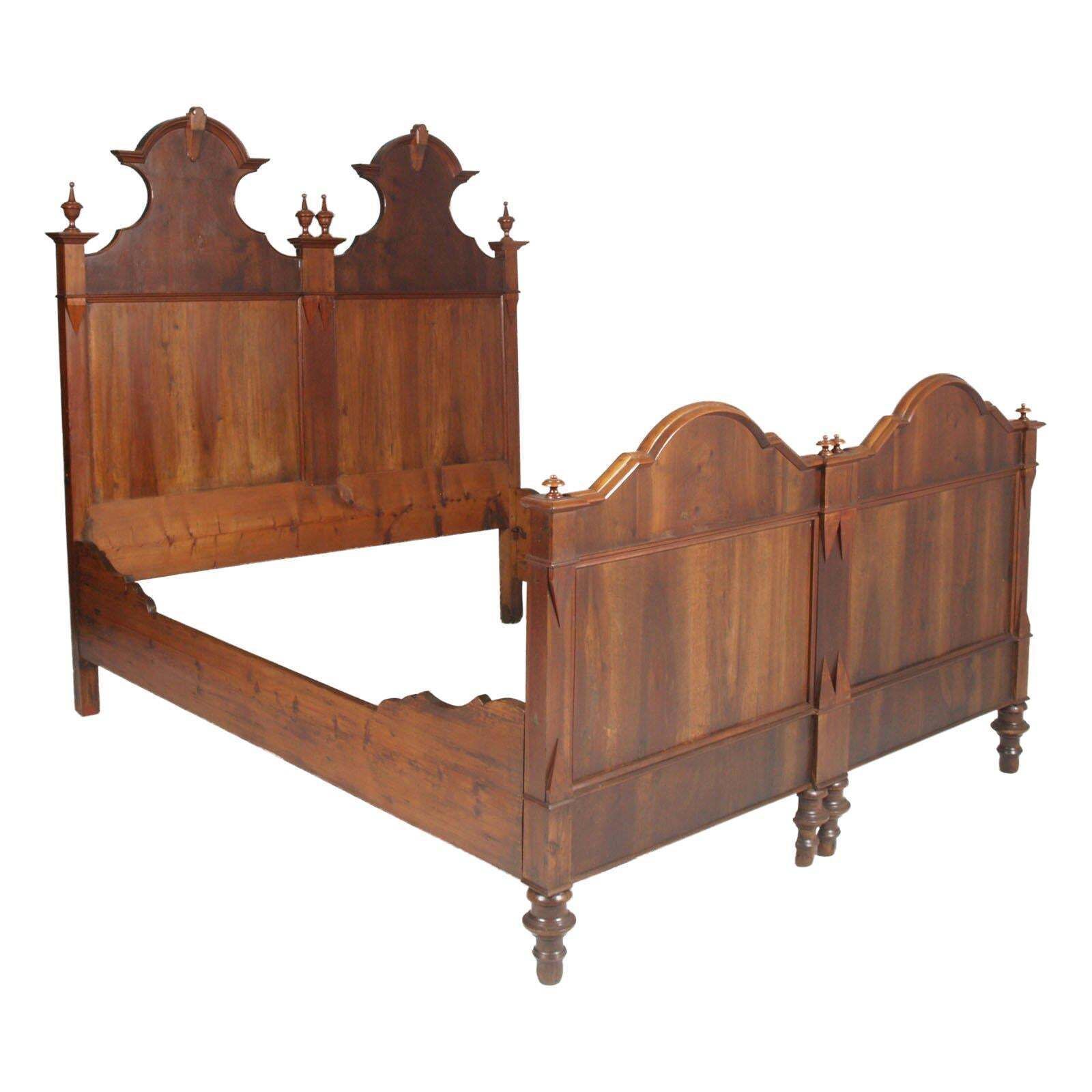 Italy 19th Century Majestic Double Bed In Walnut Restored And Polished To Wax