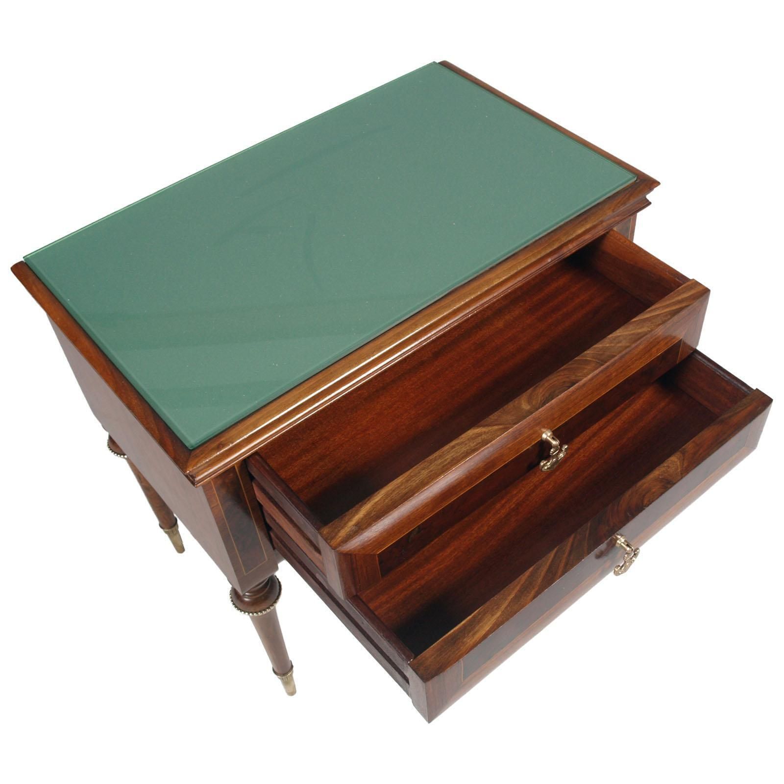 1950s Nightstands, Walnut Bicolor, Burl & Maple Inlaid Golden Brass Accessories photo for sale