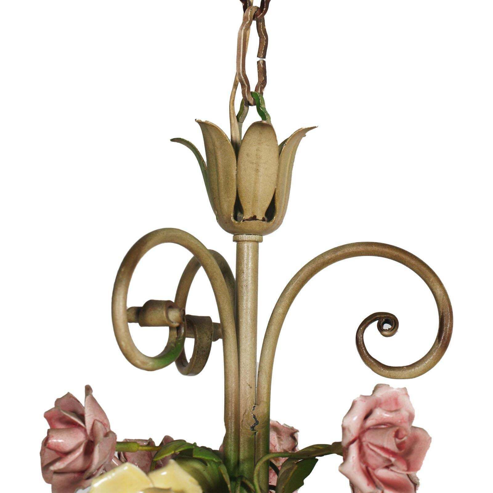 Italian Art Nouveau Ceiling Chandelier Painted Iron & Polychrome Ceramic Bassano photo buy