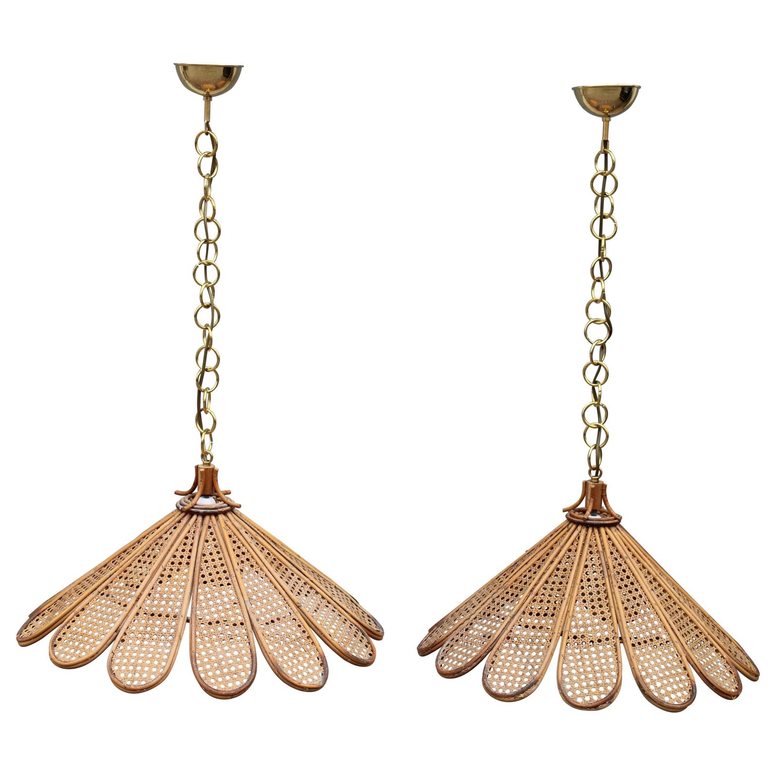 Decorative Pair Of Bamboo And Brass Chandeliers Italian Design 1950s