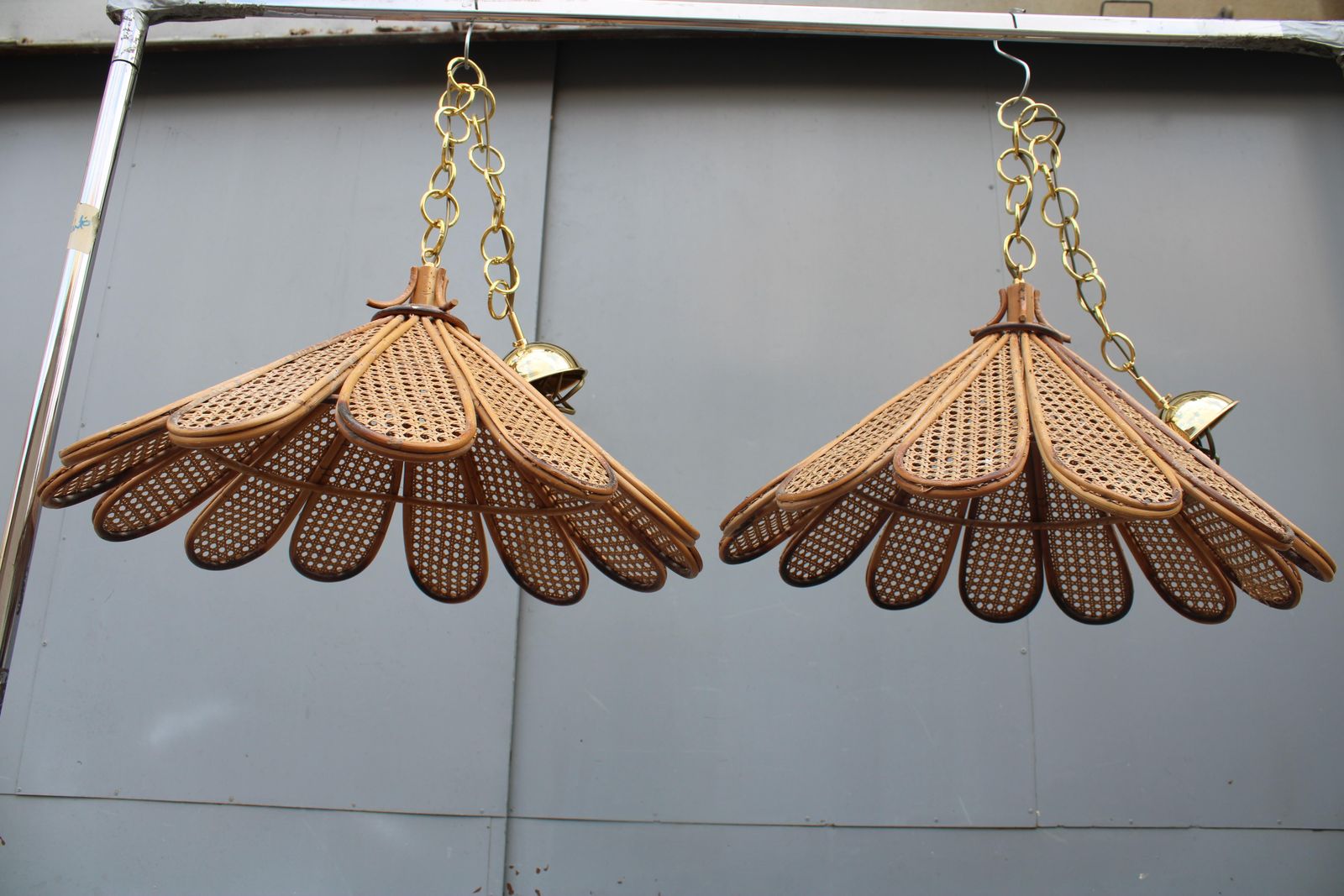 photo vinterior Decorative Pair Of Bamboo And Brass Chandeliers Italian Design 1950s
