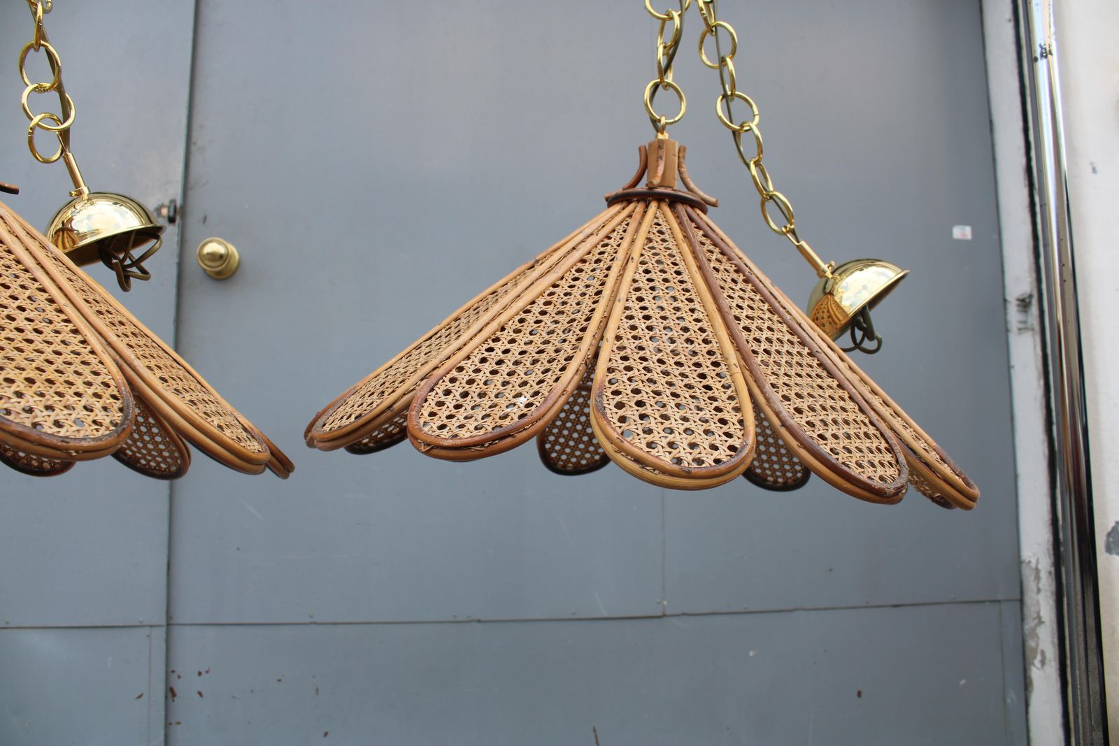 photo vintage Decorative Pair Of Bamboo And Brass Chandeliers Italian Design 1950s