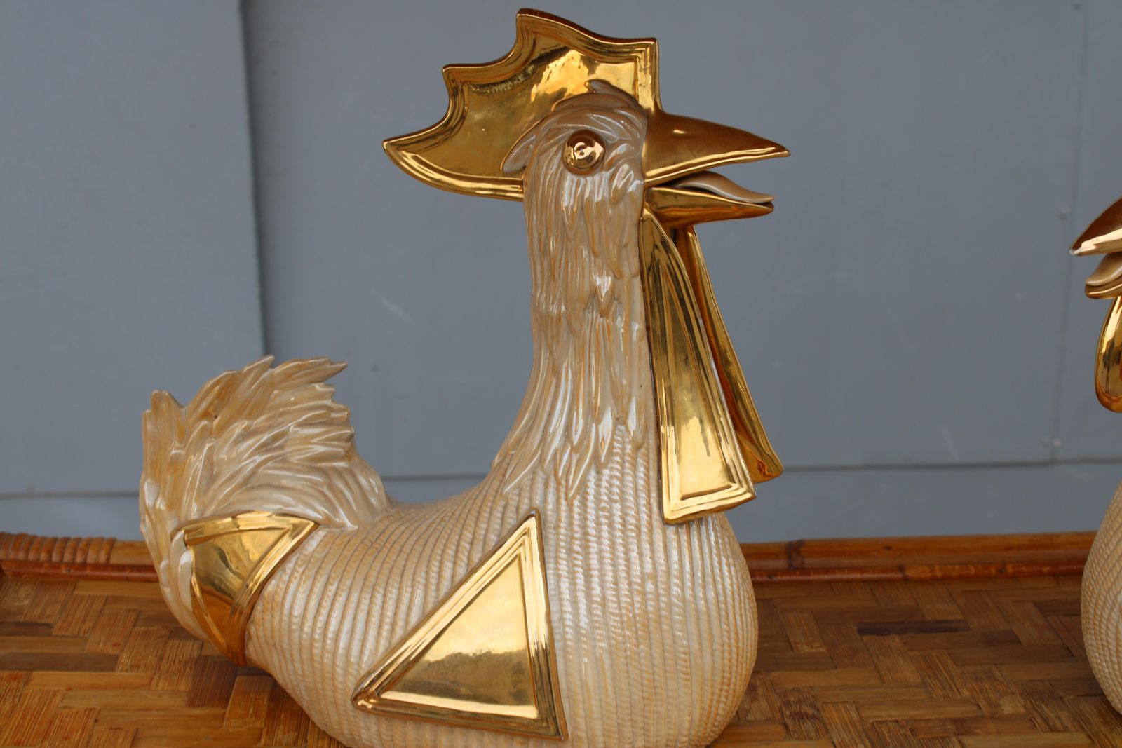 Large Gallina And Gallo Sculptures Italy 1970 In 24 Kt Gold photo Art