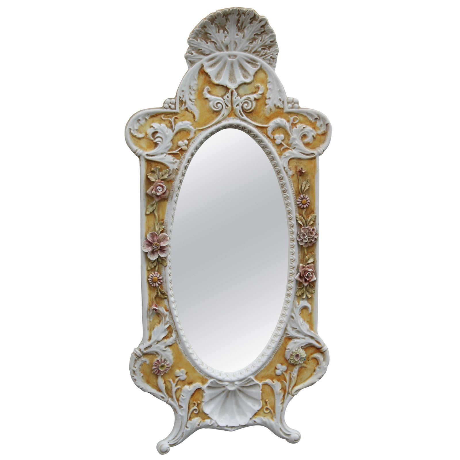 Italian Rococo Style Mirror In 1950s Ceramic White And Yellow