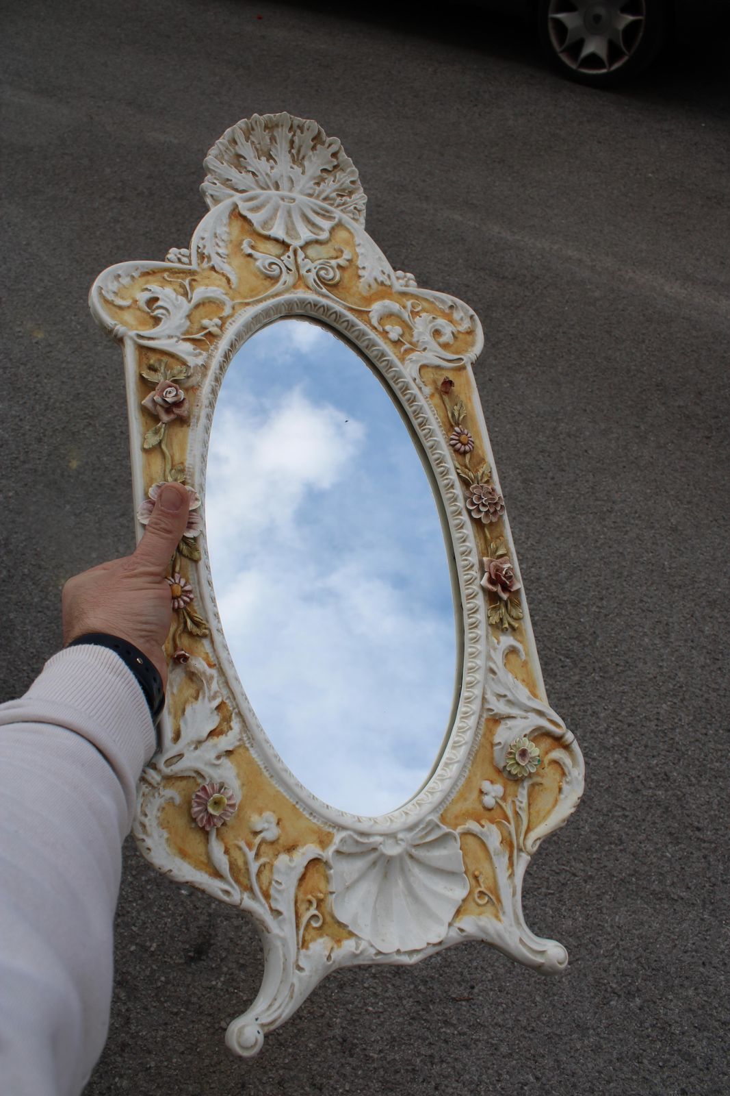956.0 Italian Rococo Style Mirror In 1950s Ceramic White And Yellow photo