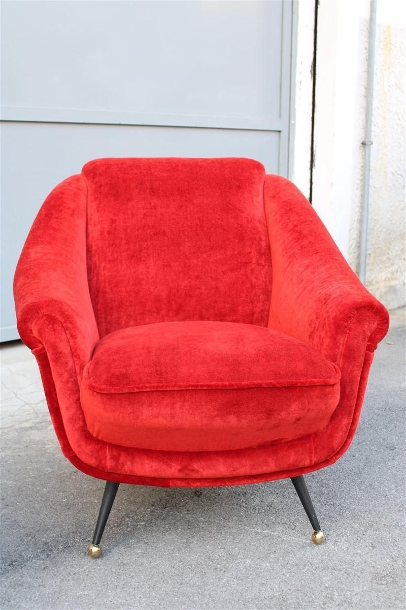 Pair Of Framar 1950s Italy Armchairs Metal And Brass Feet Red Fabric photo vintage