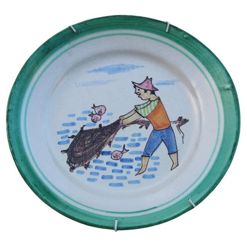 Round Plate Vietri C.A.S.  1950 With Fisherman Figures Made In Italy