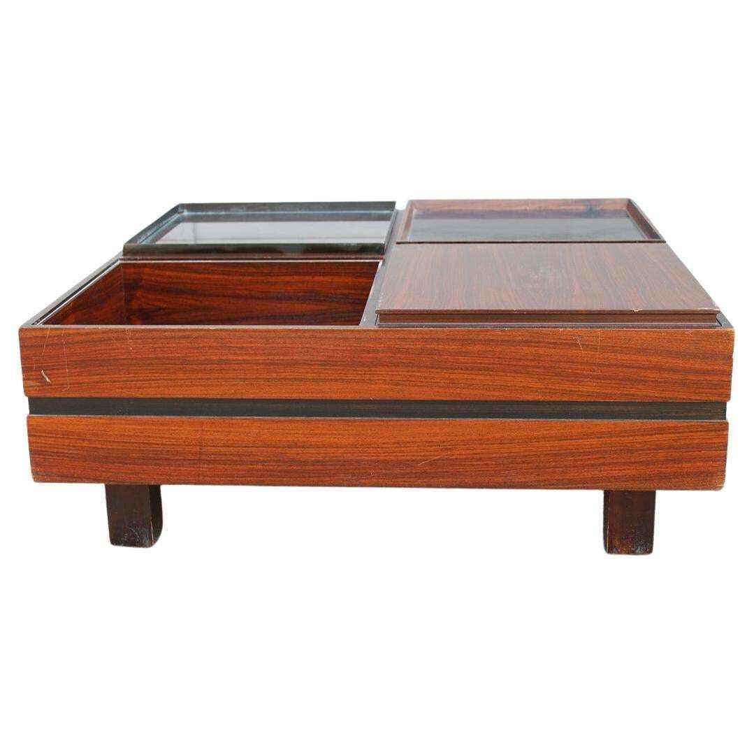 Low Square Wooden Coffee Table With Trays Luigi Sormani 1960 Italy Brass