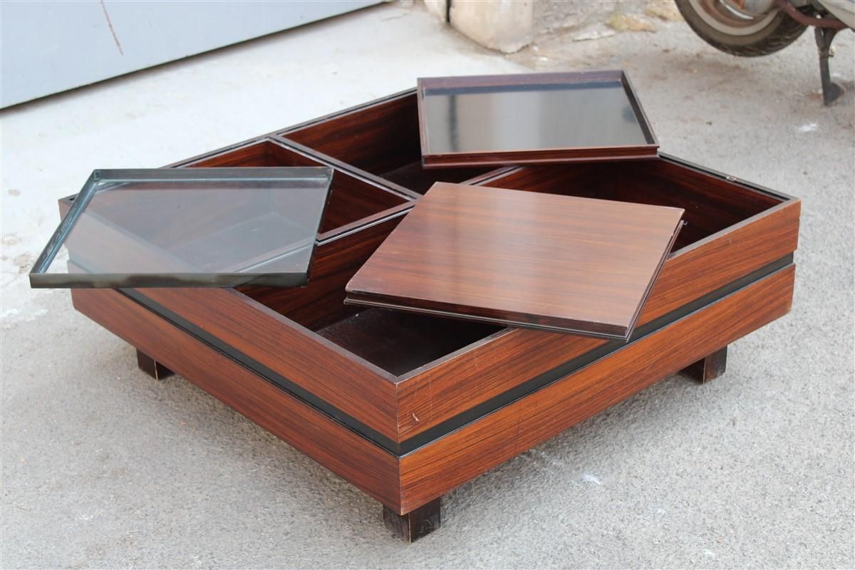 photo furniture Low Square Wooden Coffee Table With Trays Luigi Sormani 1960 Italy Brass