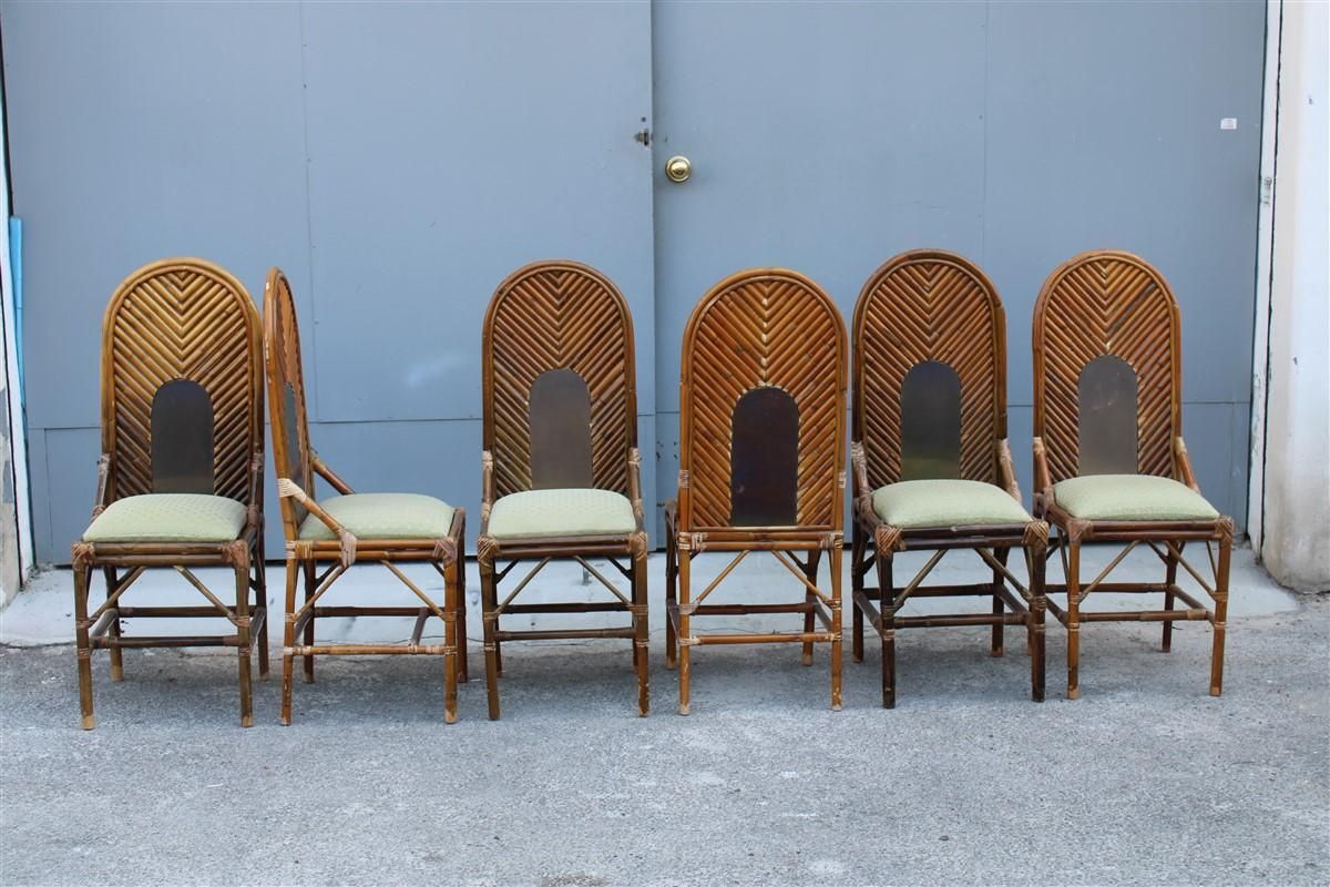 6 Chairs High Back Bamboo And Brass Italian Design 1970s photo vinterior