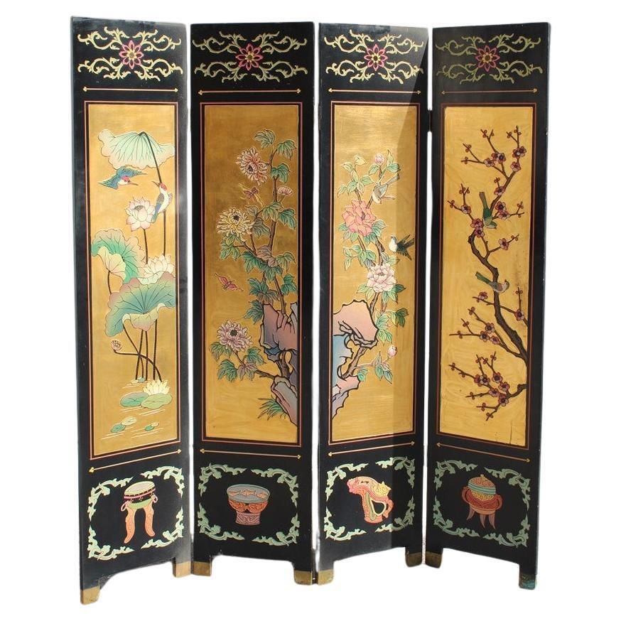 4 Panel Wood With Colored Enamels And Chinese Gold Leaf Lotus Flowers And Herons