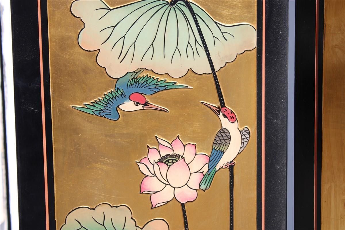 4 Panel Wood With Colored Enamels And Chinese Gold Leaf Lotus Flowers And Herons photo 3717.0
