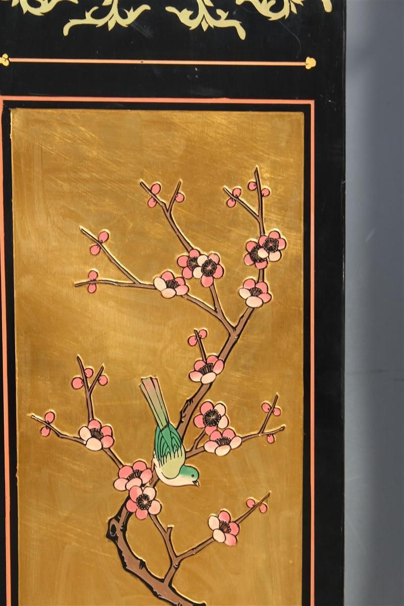 3717.0 4 Panel Wood With Colored Enamels And Chinese Gold Leaf Lotus Flowers And Herons photo
