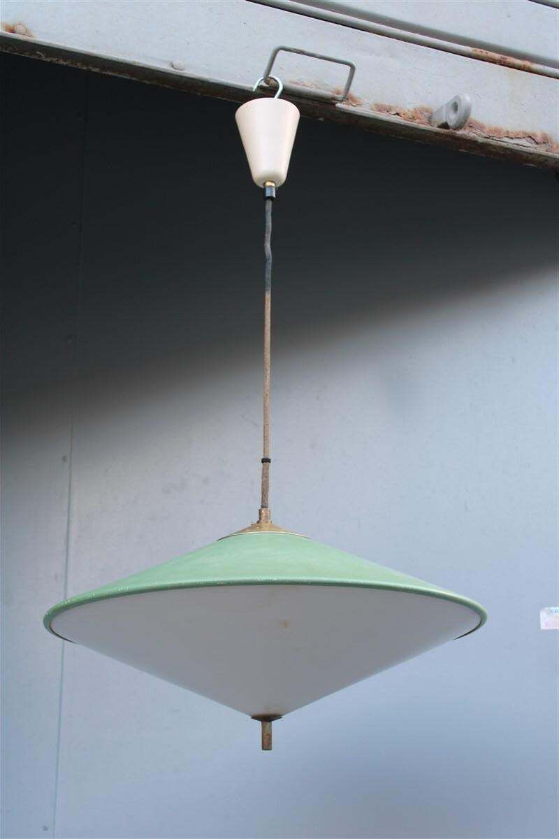 Mid Century Italian Design Chandelier Green Metal Brass Parts 1950s Ufo photo furniture