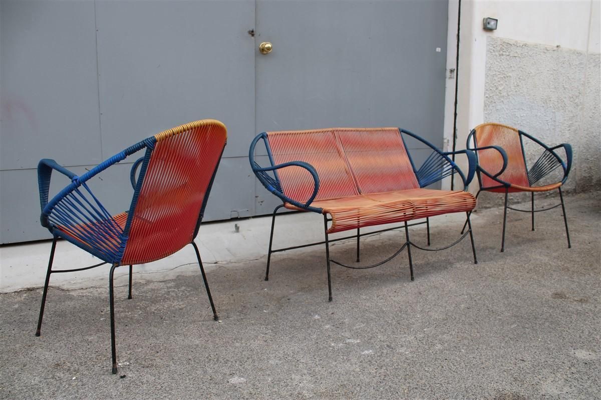 photo buy Mid Century Italian Red And Blue Metal And Plastic Sofa And Armchairs 1950