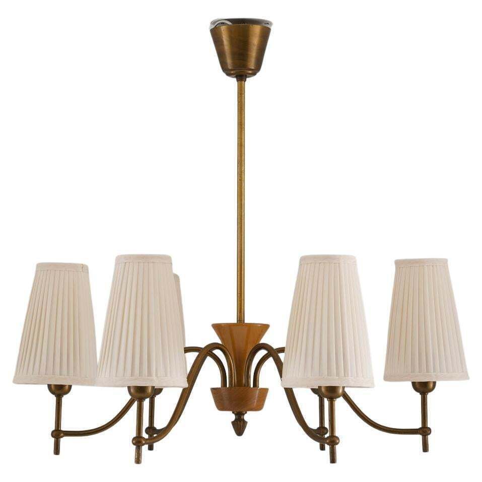 Swedish Modern Chandelier By Böhlmarks In Brass And Wood, 1940s