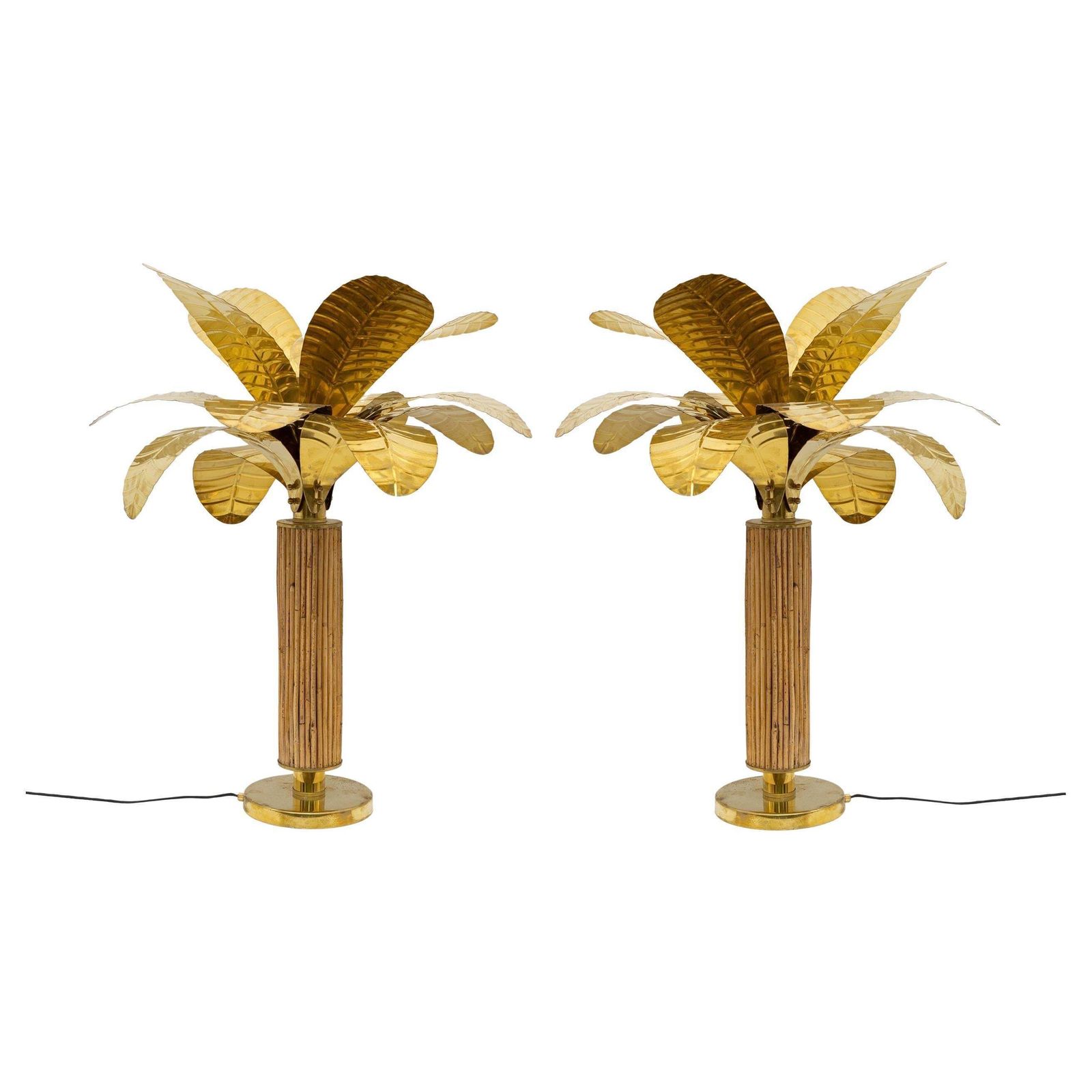 Pair Of Mid Century Modern Italian Brass And Rattan Palm Tree Lamps, 1970s