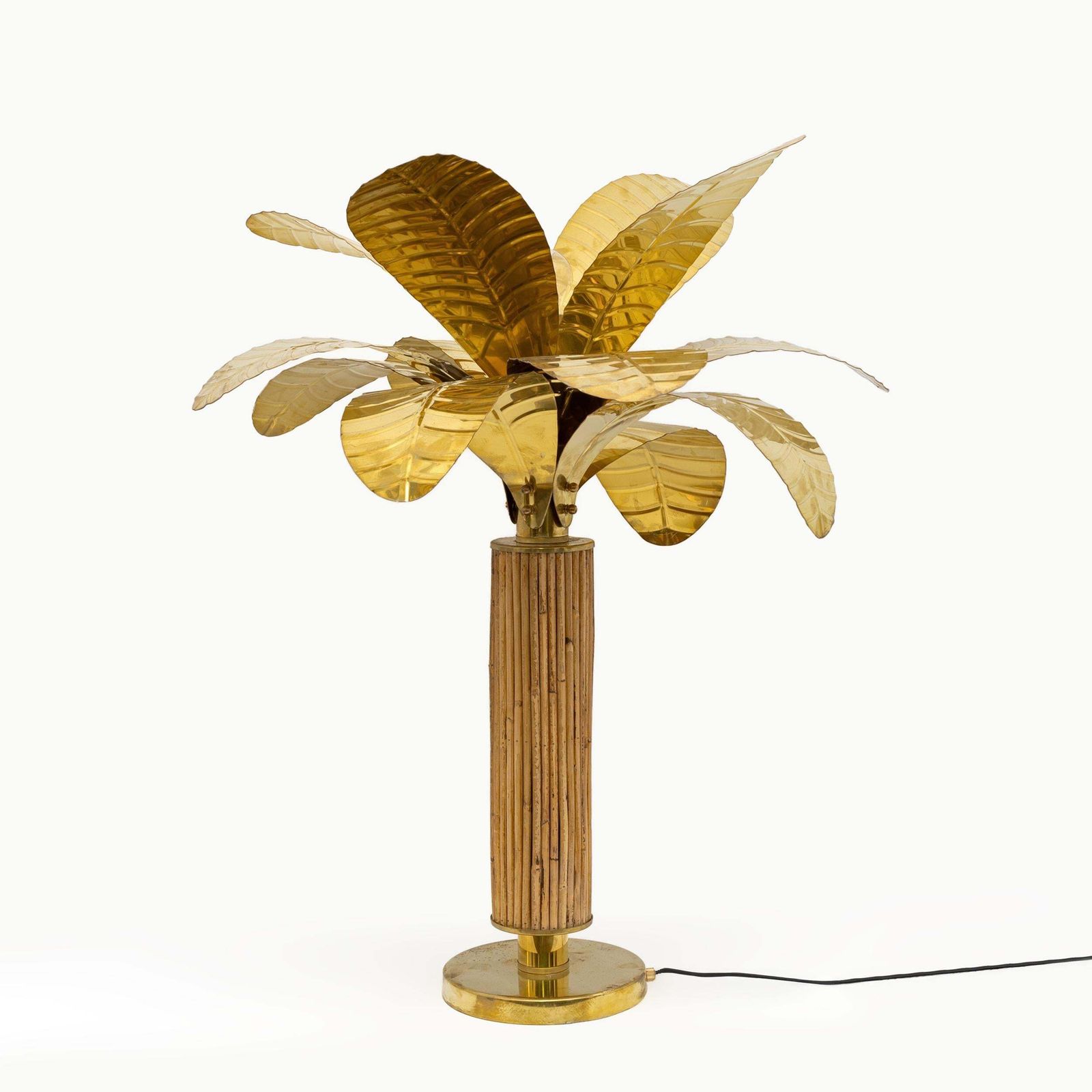 Pair Of Mid Century Modern Italian Brass And Rattan Palm Tree Lamps, 1970s photo furniture