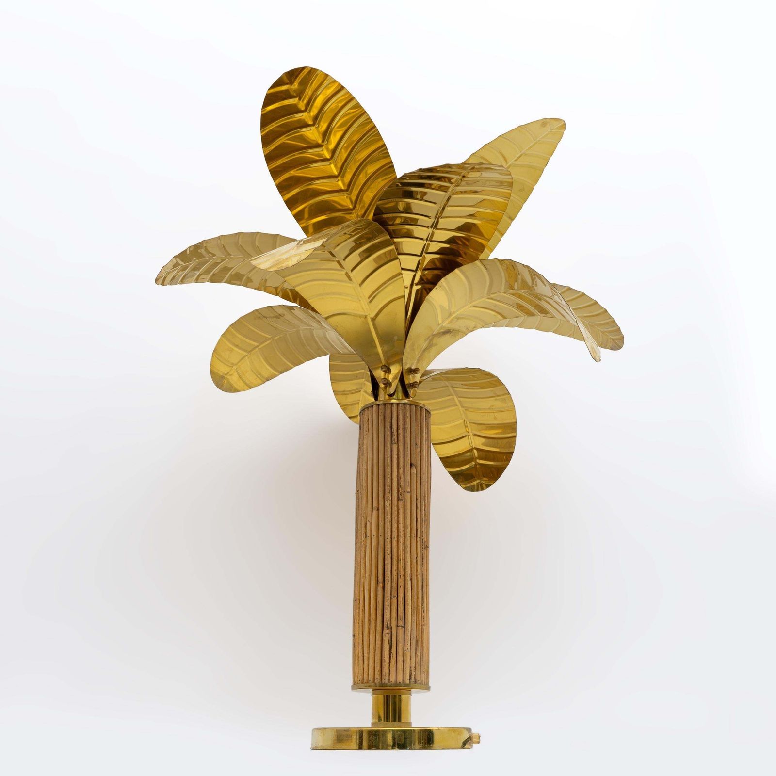 Pair Of Mid Century Modern Italian Brass And Rattan Palm Tree Lamps, 1970s photo for sale