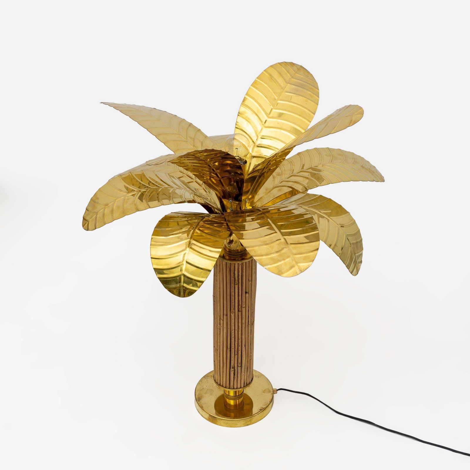 Pair Of Mid Century Modern Italian Brass And Rattan Palm Tree Lamps, 1970s photo buy