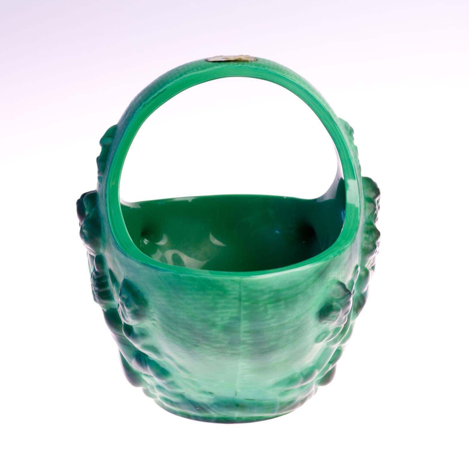 Original Art Deco Schlevogt Ingrid Malachite Green Glass Basket, 1930s photo vinterior