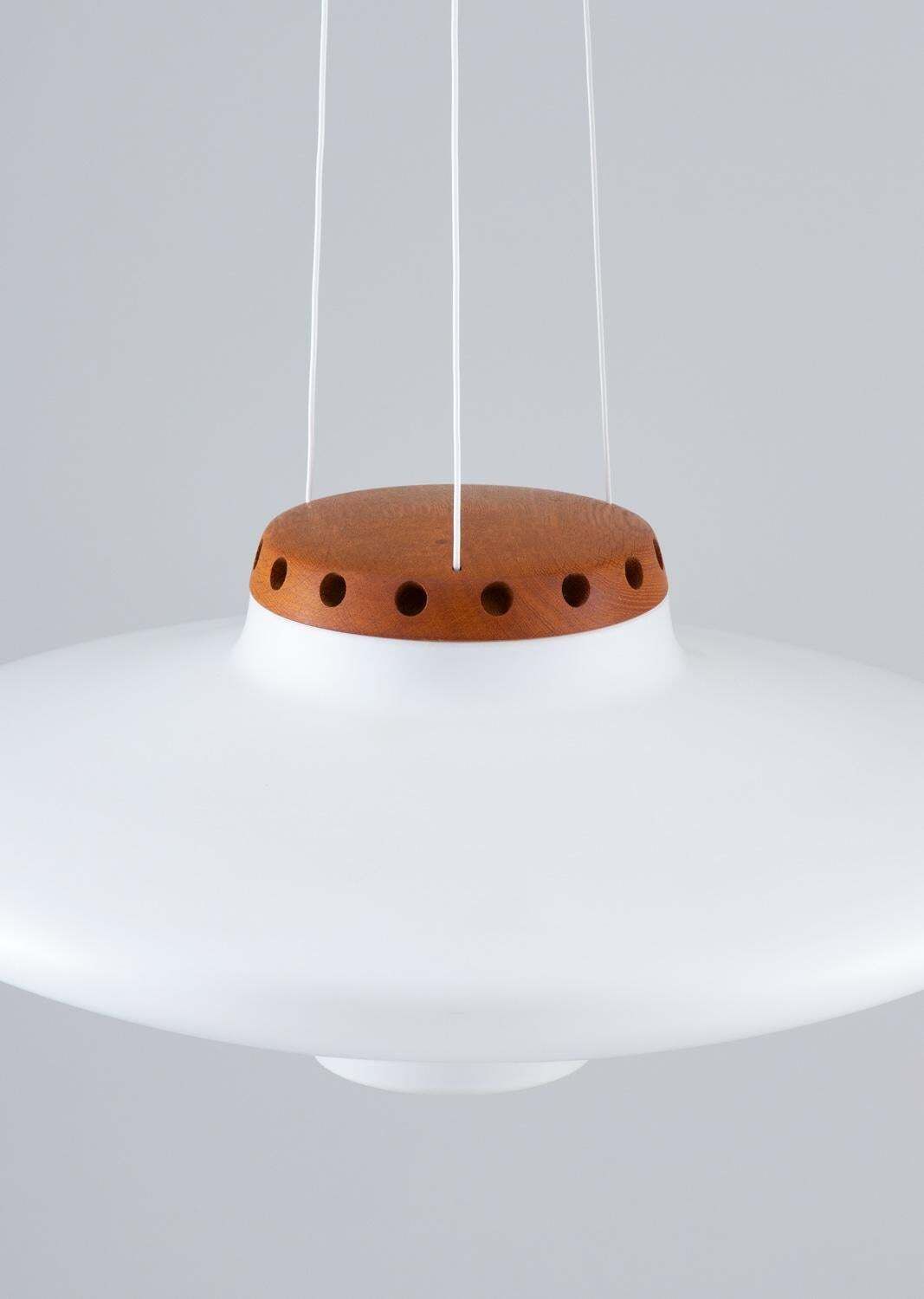 Swedish Midcentury Pendant In Oak And Opaline Glass By Luxus photo 2213.0