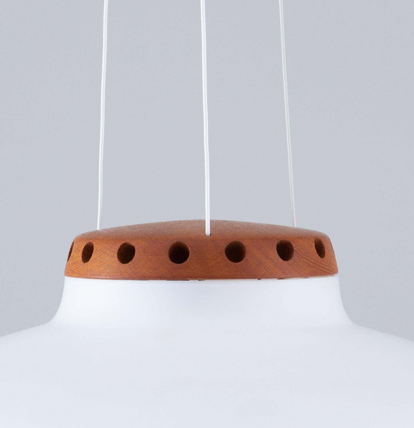 Swedish Midcentury Pendant In Oak And Opaline Glass By Luxus photo buy