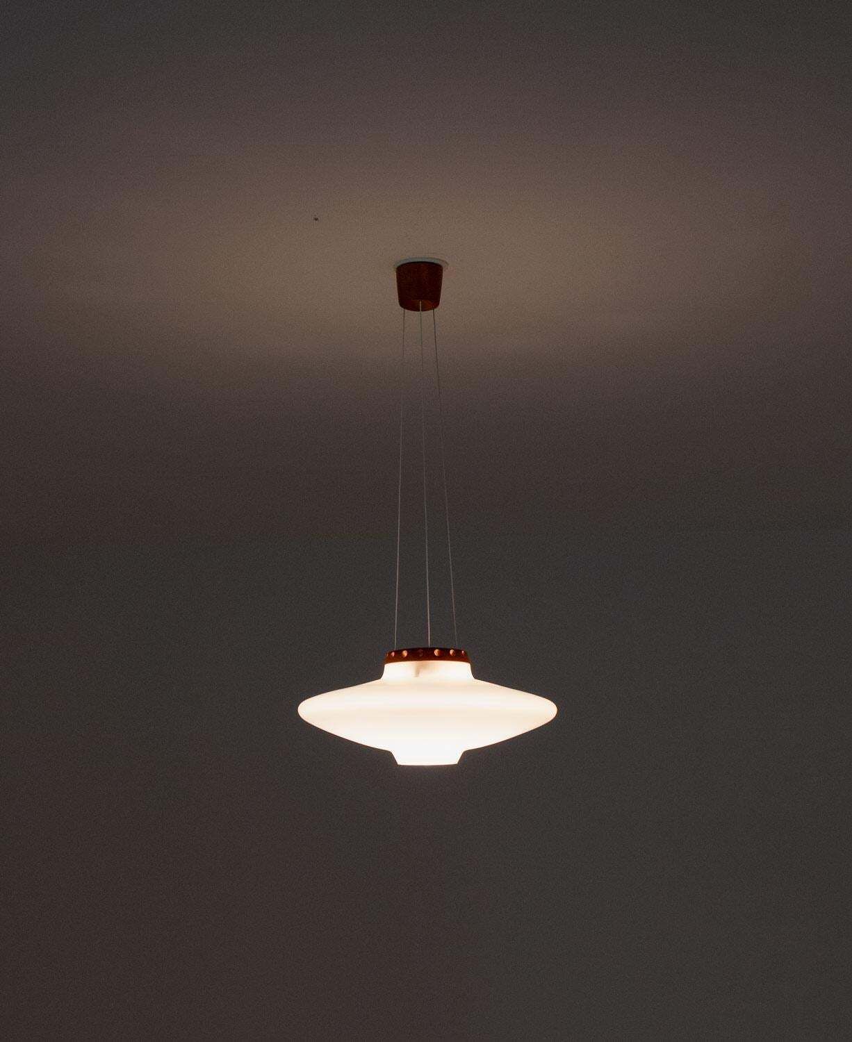 photo furniture Swedish Midcentury Pendant In Oak And Opaline Glass By Luxus