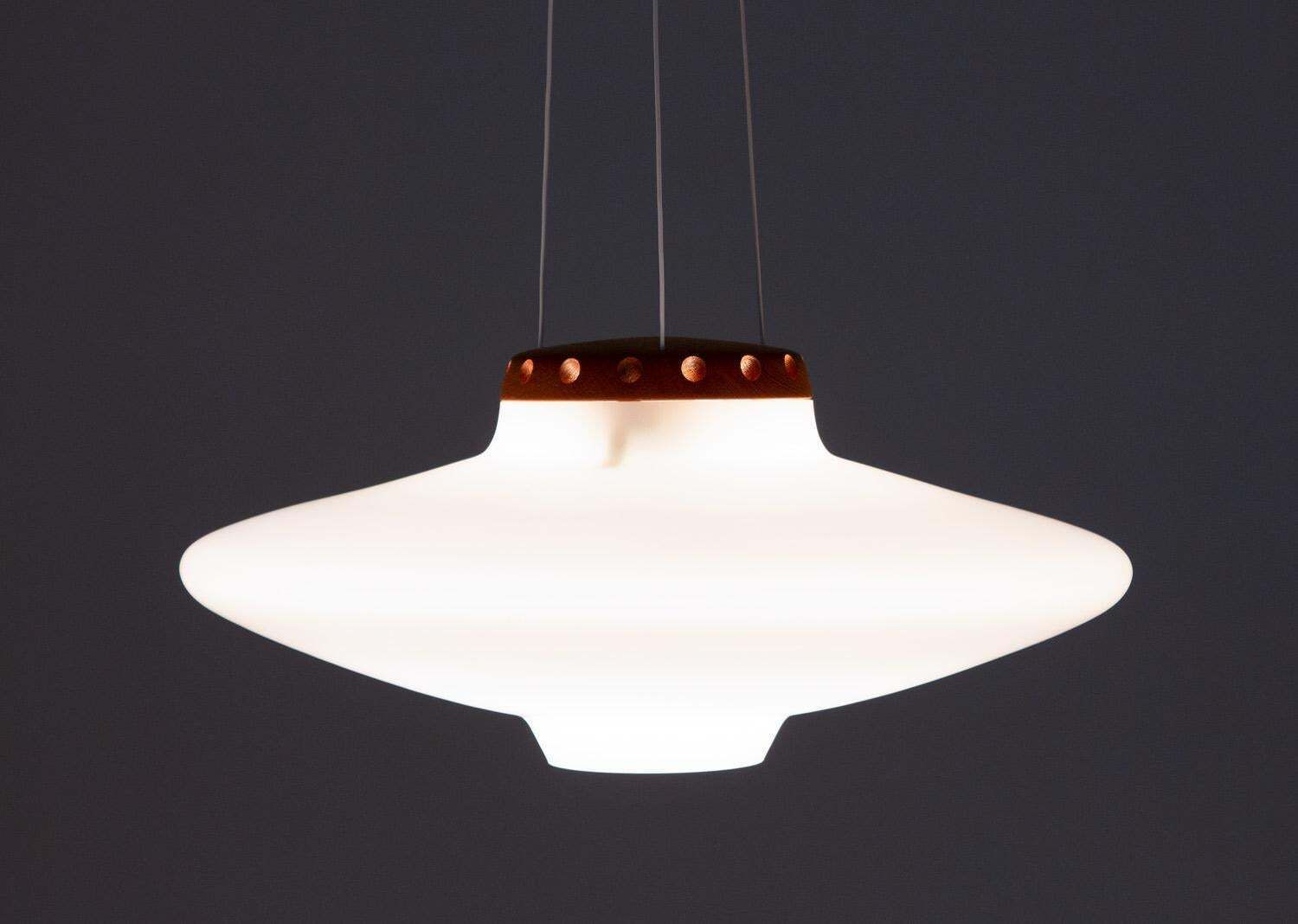 Lighting Swedish Midcentury Pendant In Oak And Opaline Glass By Luxus photo