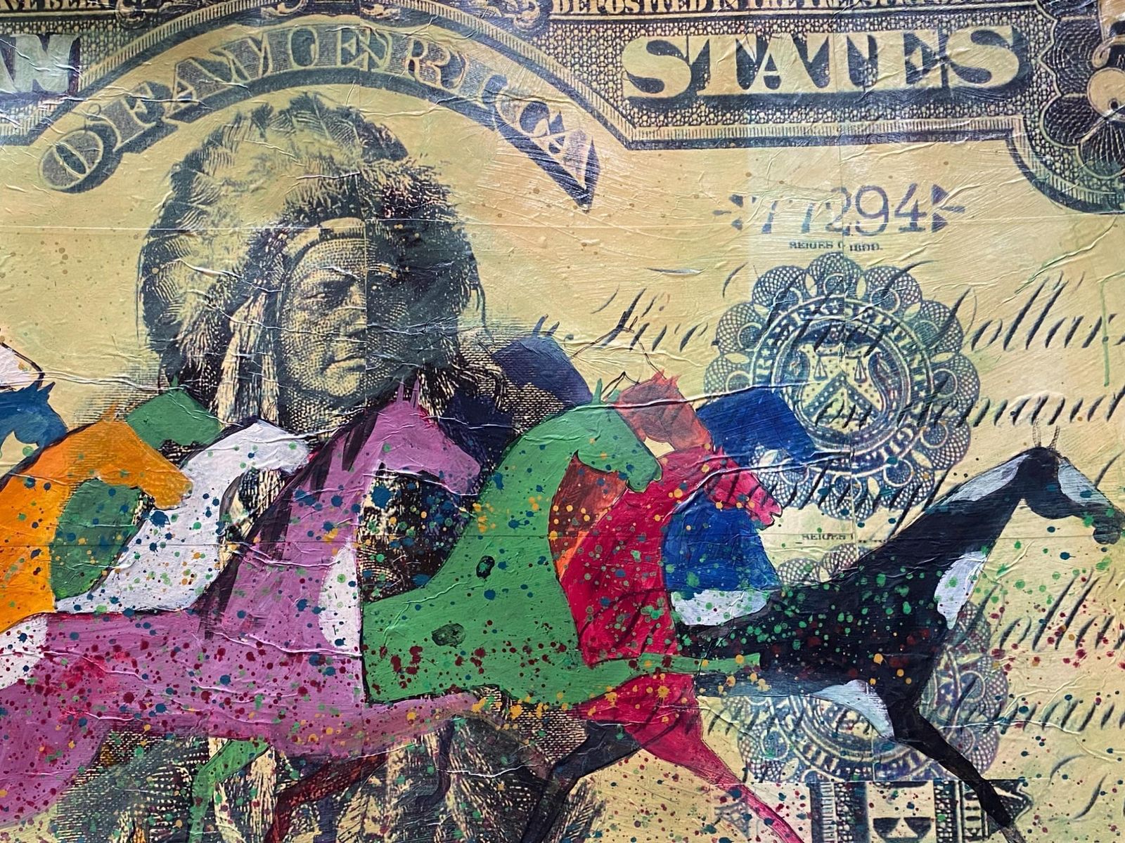 Stan Natchez (Shoshone/Paiute, B.1954) Horses And Navajos On A 5 Dollar Bill photo Art