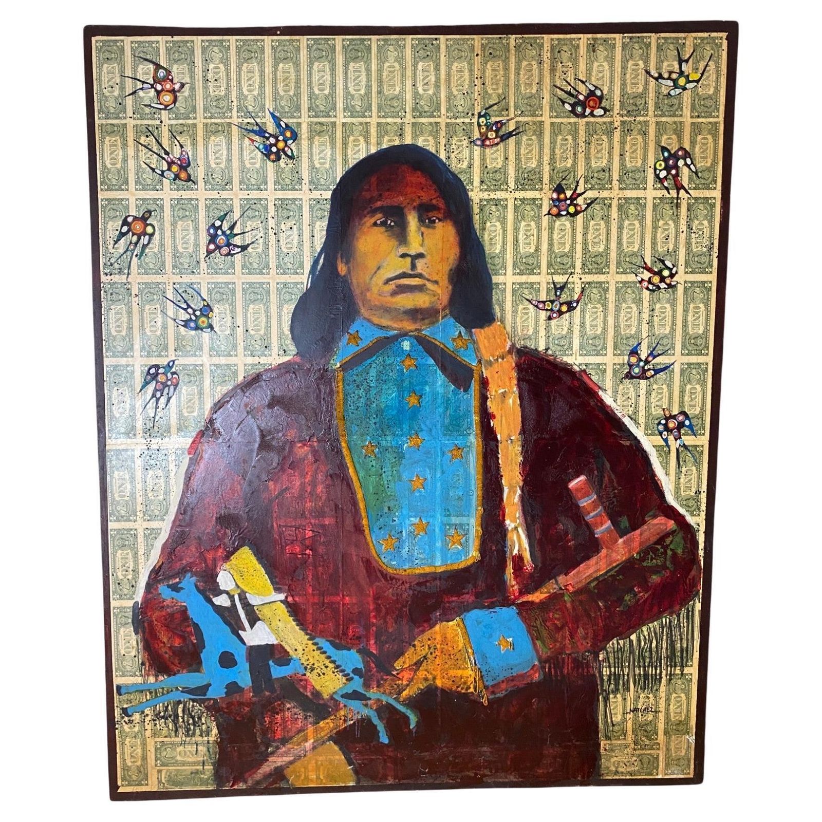 Stan Natchez (Shoshone/Paiute, B.1954) Navajo With Birds Against One Dollar Bill