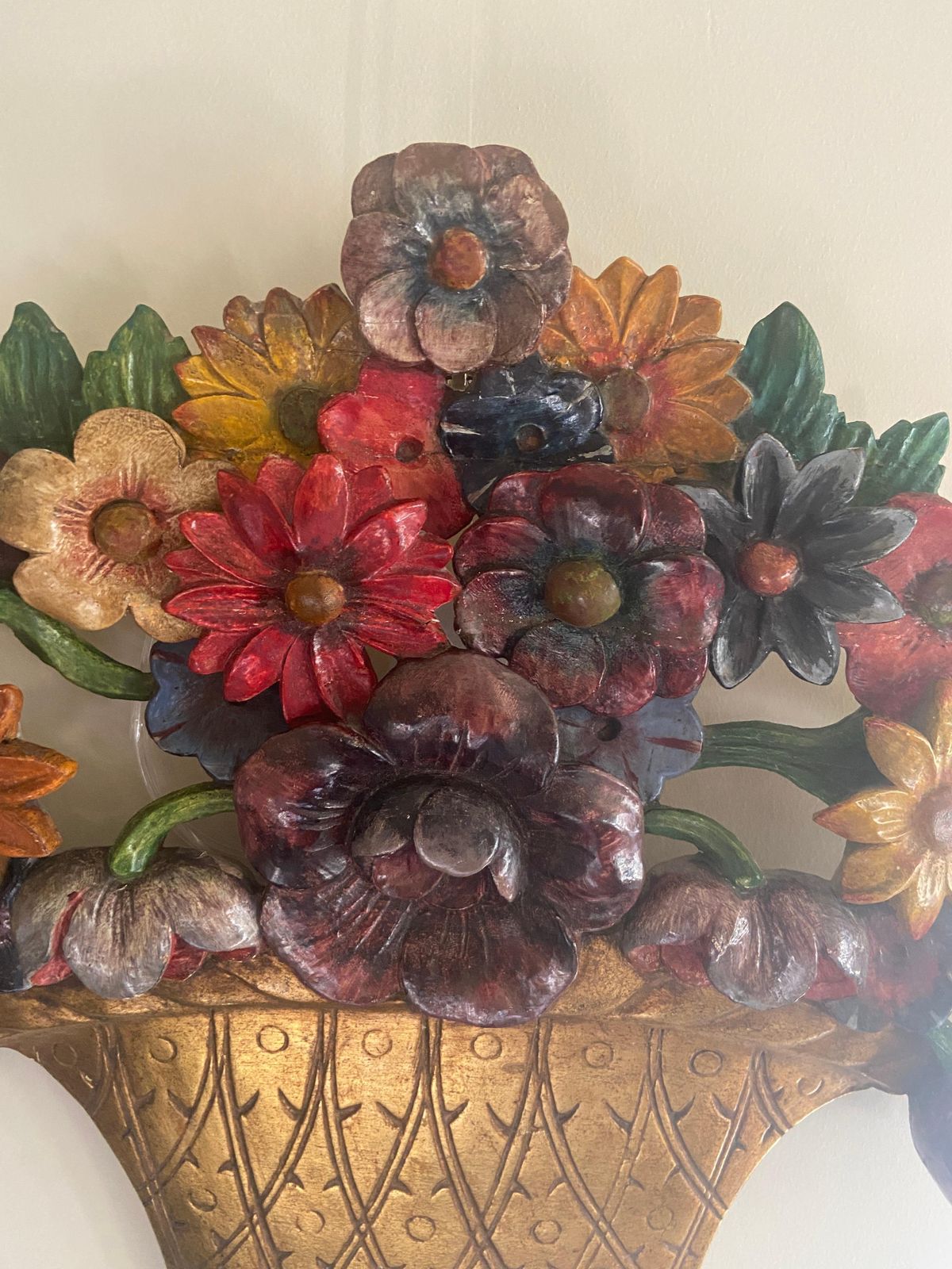 An English 1930s Carved Floral Basket Wall Appliqué Or Wall Hanging photo buy