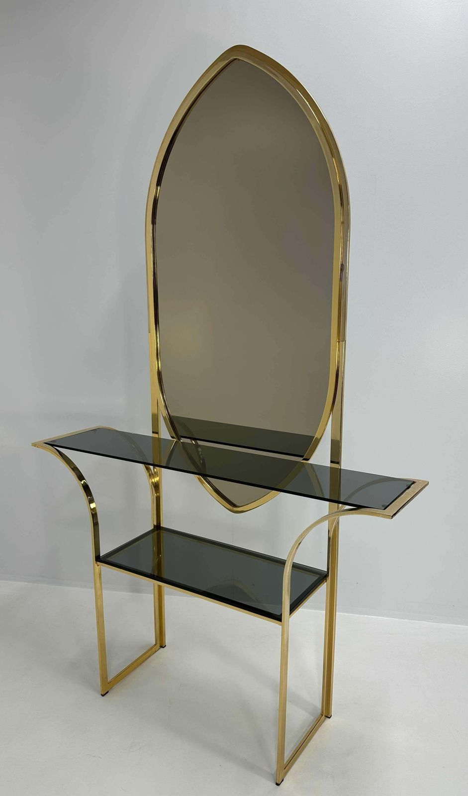 Italian Mirror And Curved Brass Console, 1970s photo for sale