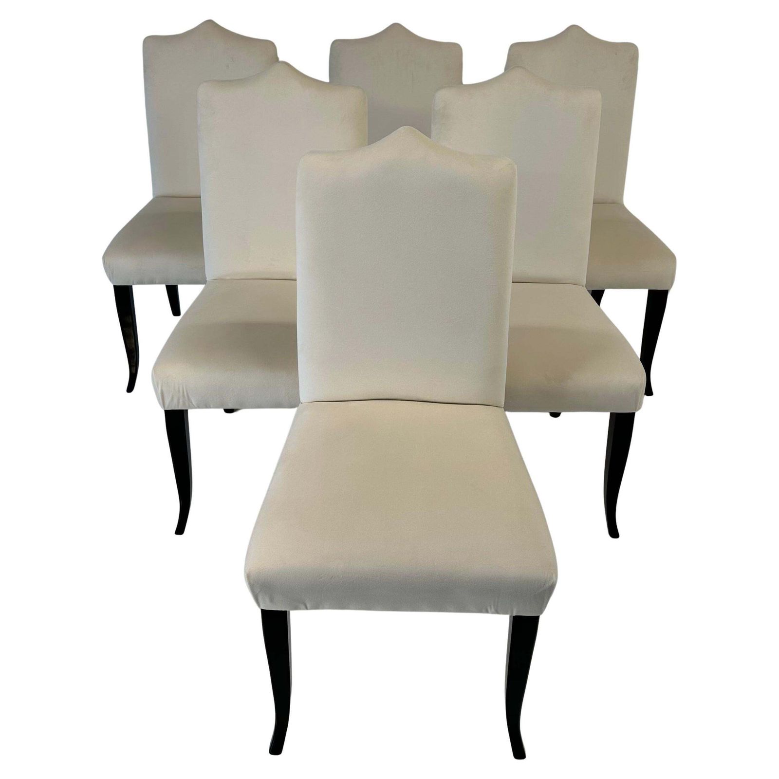 Italian Art Deco Style Set Of 6 Cream Velvet And Black Lacquered Chairs